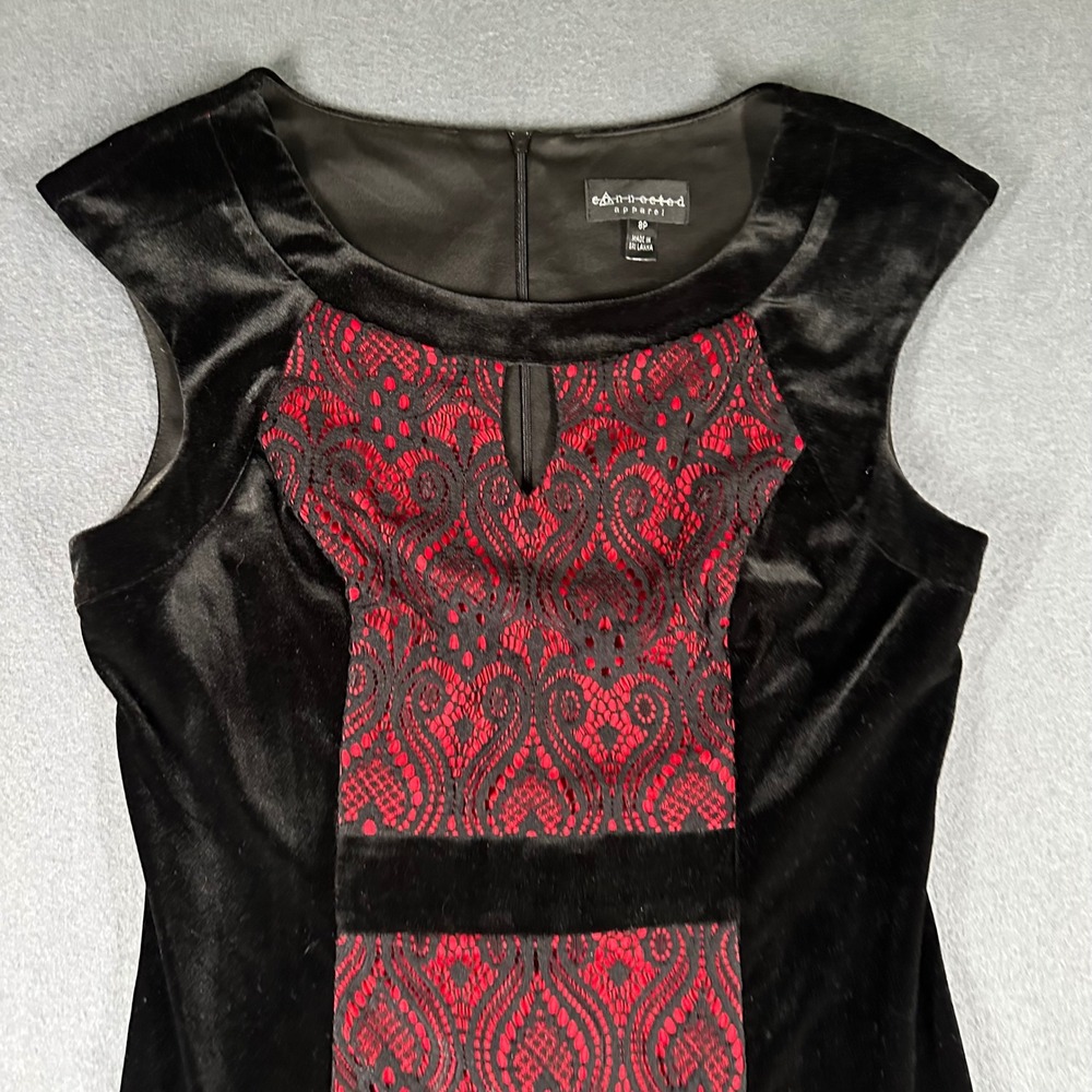 Connected Apparel Dress Womens 8P Black Velvet Red Lace Sheath Party Career - Picture 3 of 16